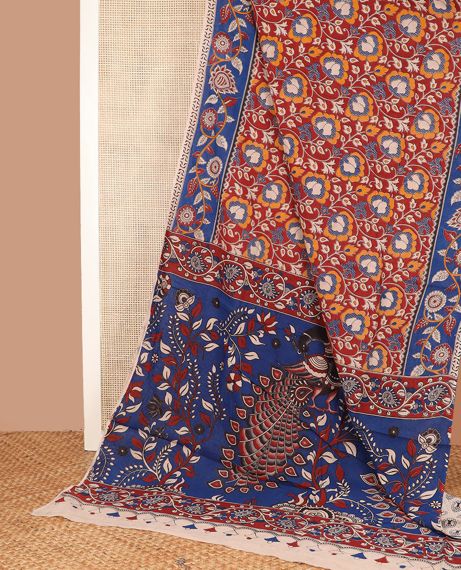Red floral vine machine-printed kalamkari cotton saree, contrast floral  creeper printed border, and pallu of kalamkari peacock