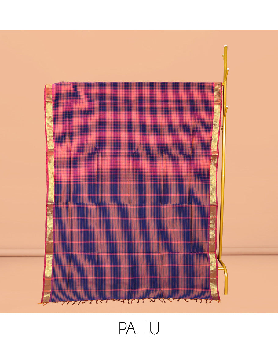 Pink Micro-Checked Poly Cotton Saree, Complemented by a Contrast Zari Border, Contrast Striped Pallu, and Paired with a Contrast Blouse