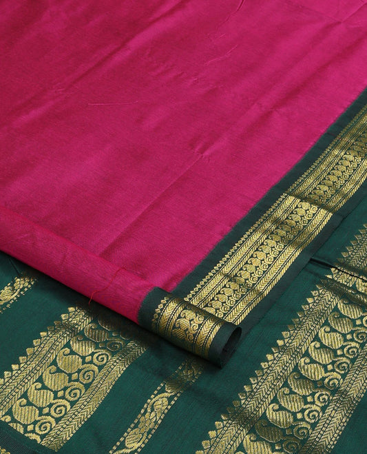 Pink buttas nine-yard cotton saree, contrast traditional zari border, and pallu of traditional designs