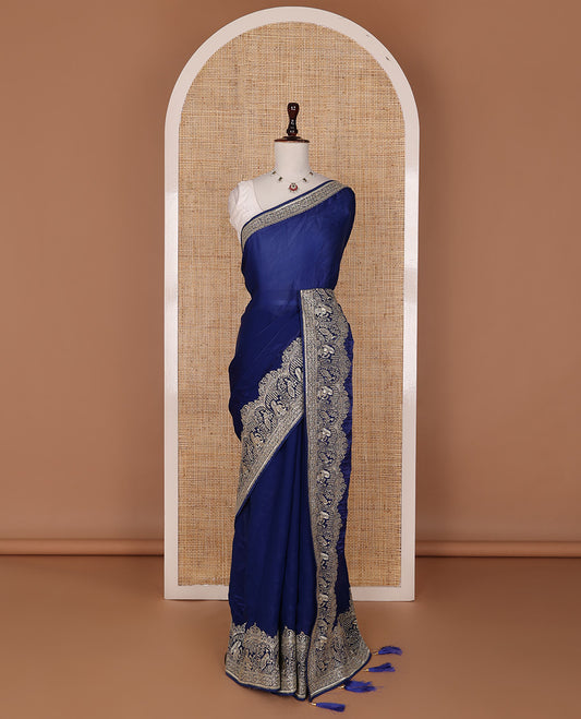 Navy blue plain designer saree with intricate embroidered border