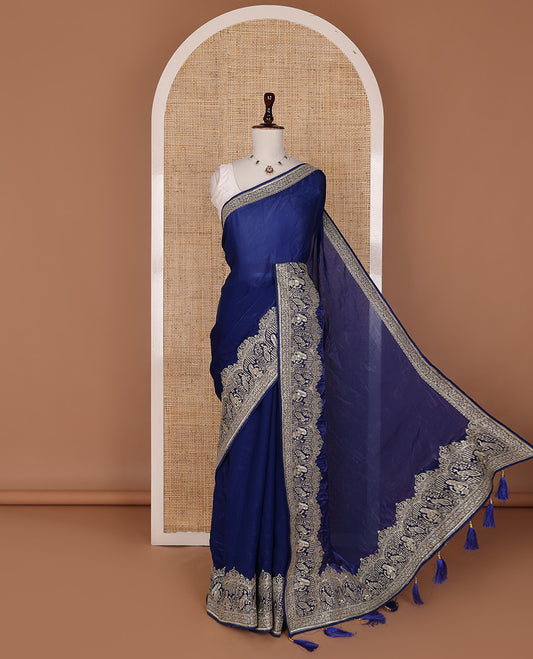 Navy blue plain designer saree with intricate embroidered border