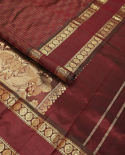 Dark Brown geometric design kancheepuram silk saree with self rettai pettu border of rekku, banaras, poo chakram design & floral pallu