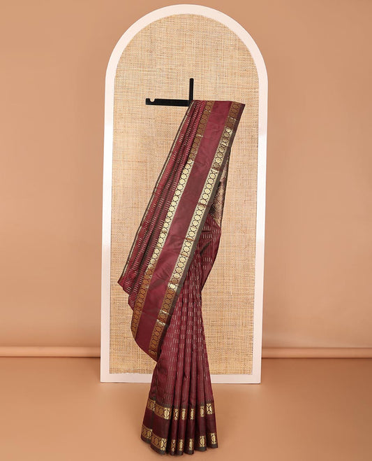 Dark Brown geometric design kancheepuram silk saree with self rettai pettu border of rekku, banaras, poo chakram design & floral pallu