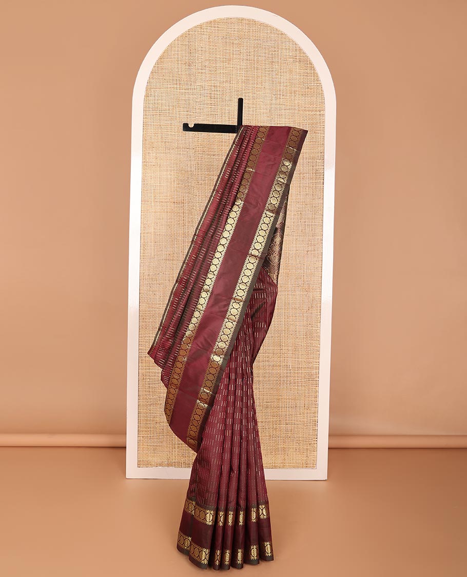 Dark Brown geometric design kancheepuram silk saree with self rettai pettu border of rekku, banaras, poo chakram design & floral pallu