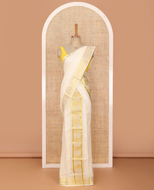 Cream temple and peacock zari designs Kerala mundu set, traditional zari border