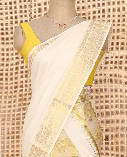 Cream temple and peacock zari designs Kerala mundu set, traditional zari border