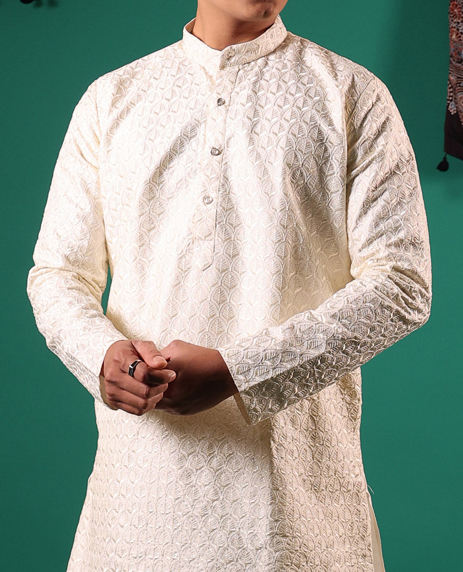 Cream leaf butta enclosed jaal thread embroidered full-sleeved men's kurta