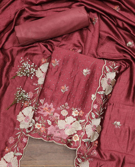 Wine material chudidar set, floral theme thread and stone embroidered top, plain bottom and scallop floral embroidered dupatta