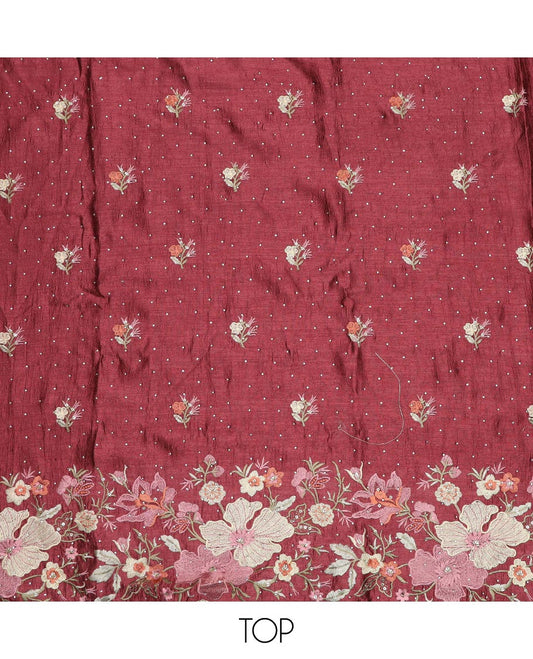 Wine material chudidar set, floral theme thread and stone embroidered top, plain bottom and scallop floral embroidered dupatta
