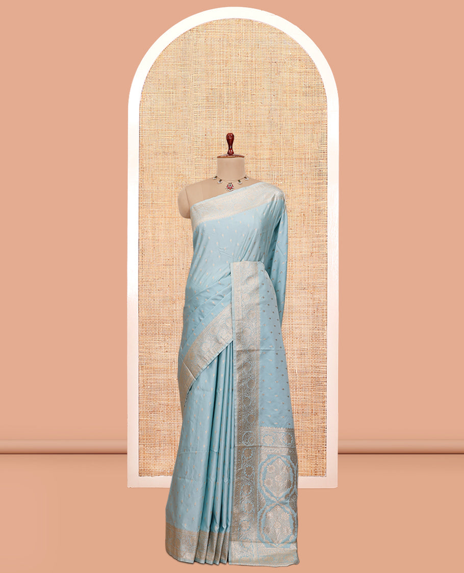 Pale Blue Semi-Banaras Satin Silk Saree