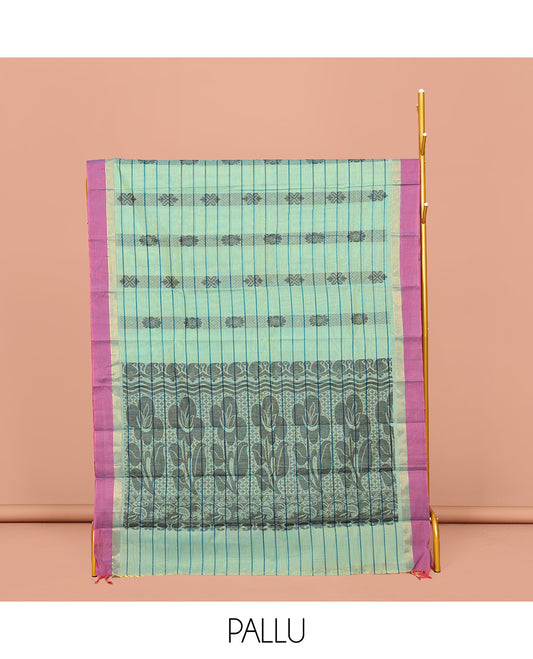 Blue Kanchi Cotton Saree, Uniquely Designed with Buttas and Stripes on Its Body, Complemented by a Contrast Border, a Pallu of Paisleys, and Paired with a Matching Blouse