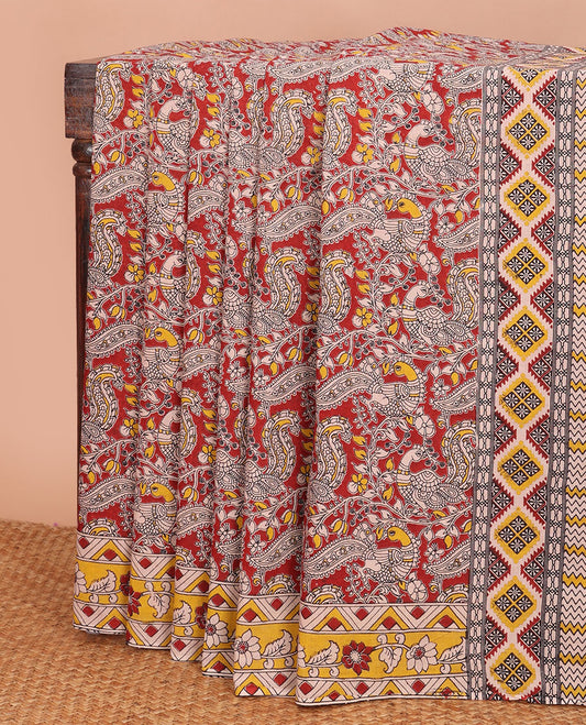 Red floral vine & peacocks machine-printed kalamkari cotton saree, contrast floral-geometric printed border  & pallu
