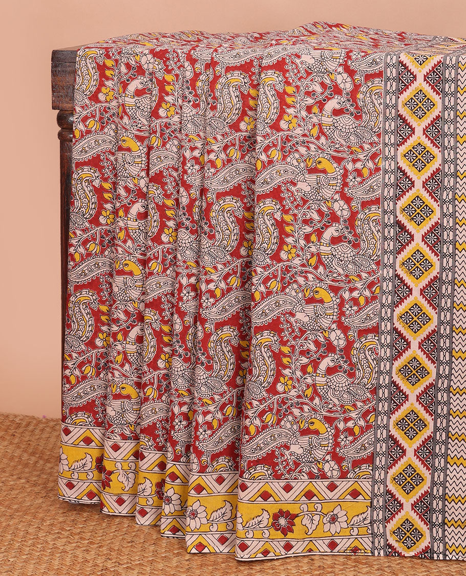 Red floral vine & peacocks machine-printed kalamkari cotton saree, contrast floral-geometric printed border  & pallu