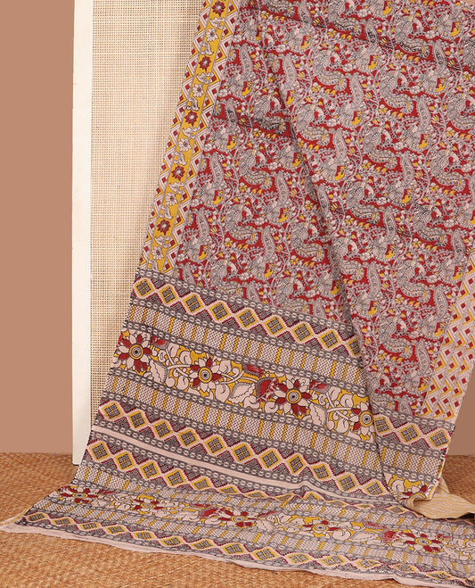 Red floral vine & peacocks machine-printed kalamkari cotton saree, contrast floral-geometric printed border  & pallu