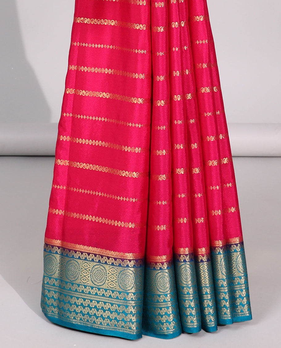 Red zari striped design mysore silk saree with contrast traditional zari border & striped zari pallu
