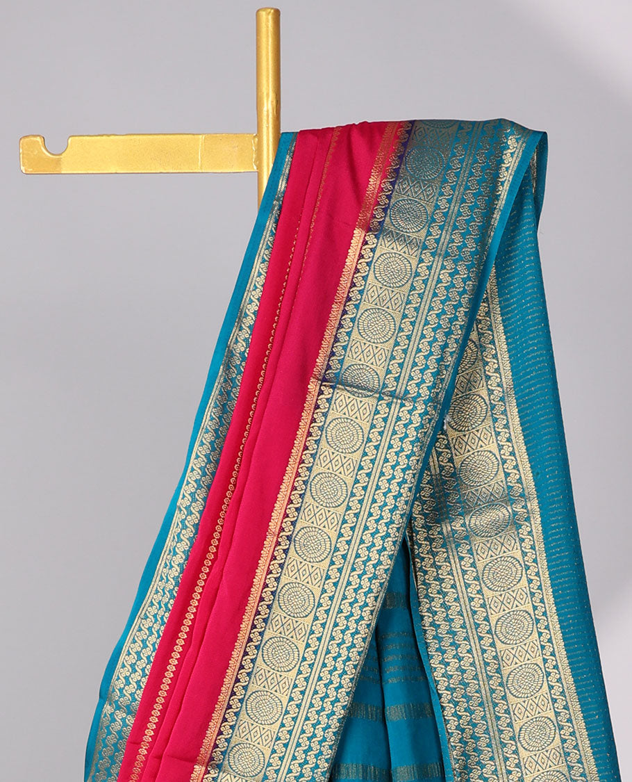 Red zari striped design mysore silk saree with contrast traditional zari border & striped zari pallu