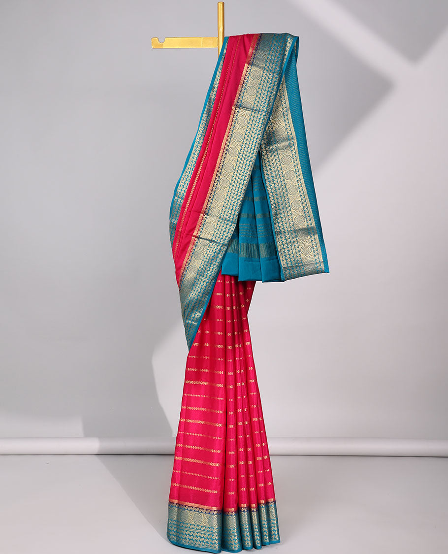 Red zari striped design mysore silk saree with contrast traditional zari border & striped zari pallu