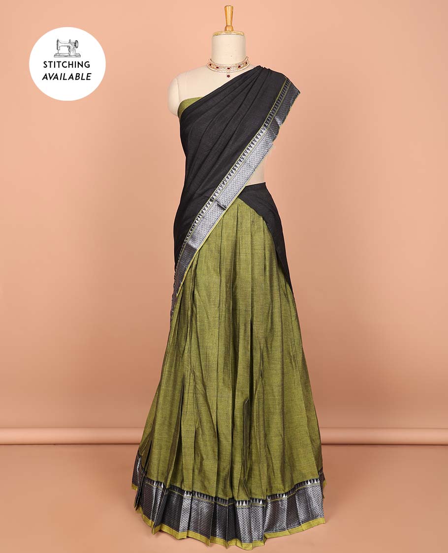Green cotton half saree with contrast zari border, plain blouse & plain with zari border dhavani