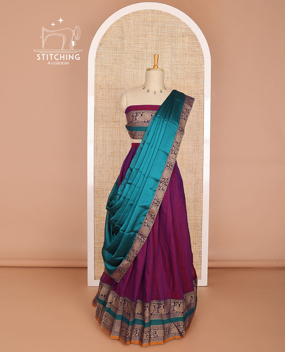 Purple cotton half saree with peacock design border, peacock design blouse & floral design border dhavani