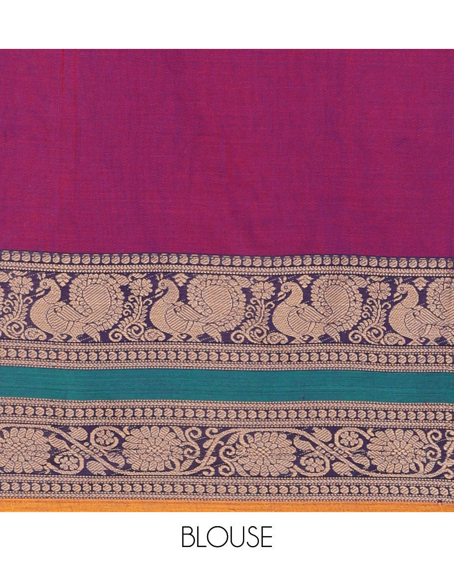 Purple cotton half saree with peacock design border, peacock design blouse & floral design border dhavani