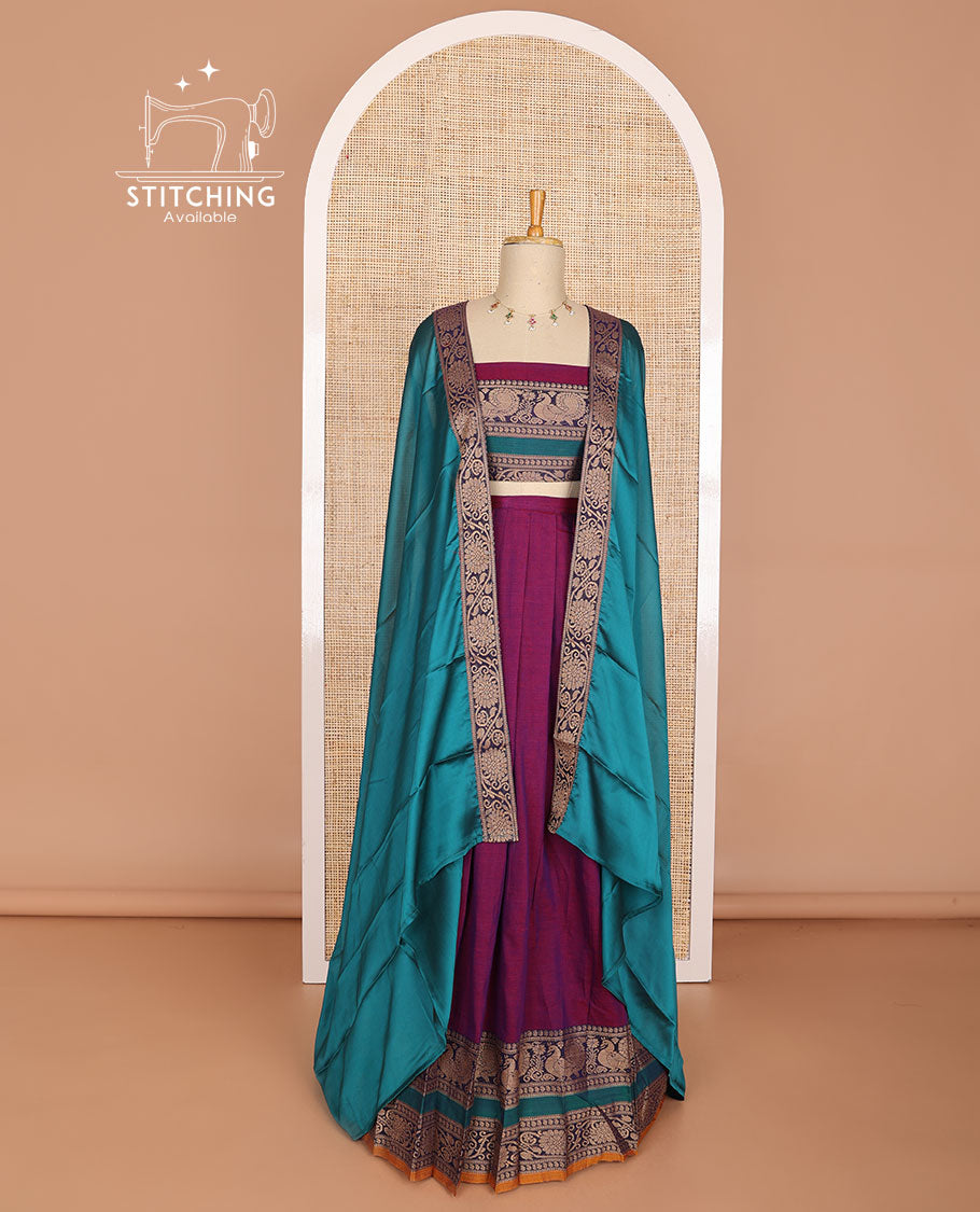 Purple cotton half saree with peacock design border, peacock design blouse & floral design border dhavani