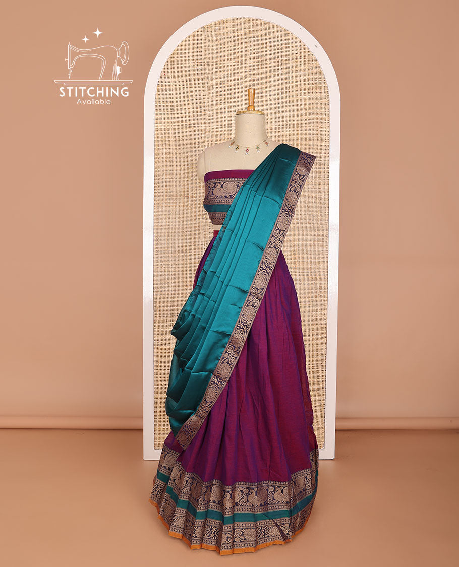 Purple cotton half saree with peacock design border, peacock design blouse & floral design border dhavani