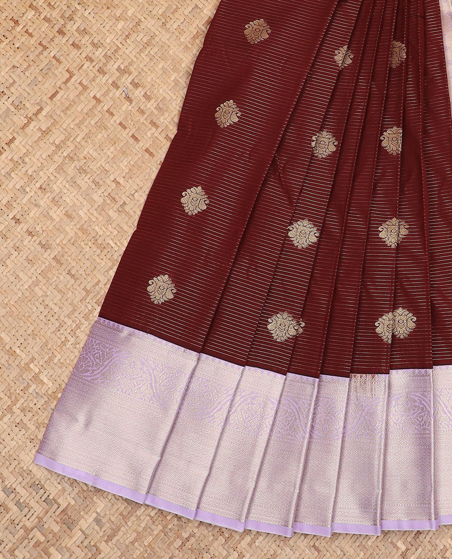 Maroon zari buttas and striped budget silk saree, contrast traditional zari border, and jaal pallu