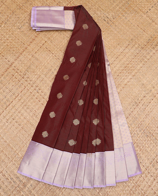 Maroon zari buttas and striped budget silk saree, contrast traditional zari border, and jaal pallu