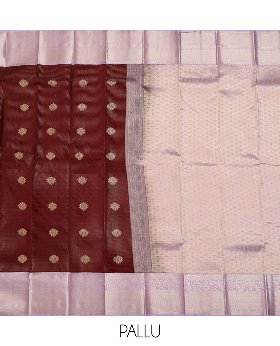 Maroon zari buttas and striped budget silk saree, contrast traditional zari border, and jaal pallu