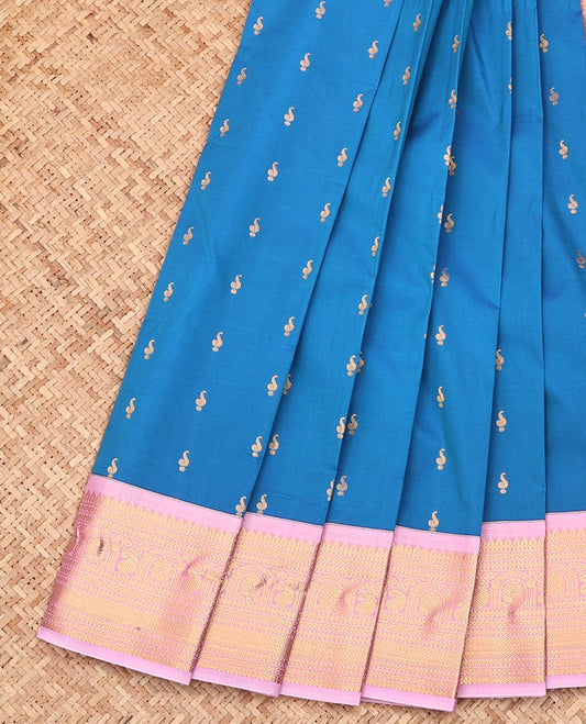Blue Budget Silk Saree, Mesmerized with Zari Buttas All Over Its Body, Complemented by a Contrast Traditional Zari Design Border, Grand Jaal Pallu, and Paired with a Contrast Blouse