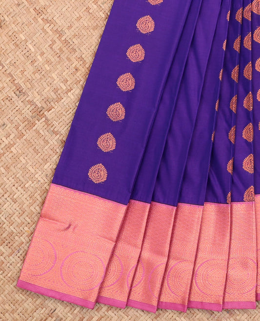 Violet Budget Silk Saree, Adorned with Zari Buttas All Over Its Body, Complemented by a Contrast Traditional Zari Border, Grand Jaal Pallu, and Paired with a Contrast Blouse