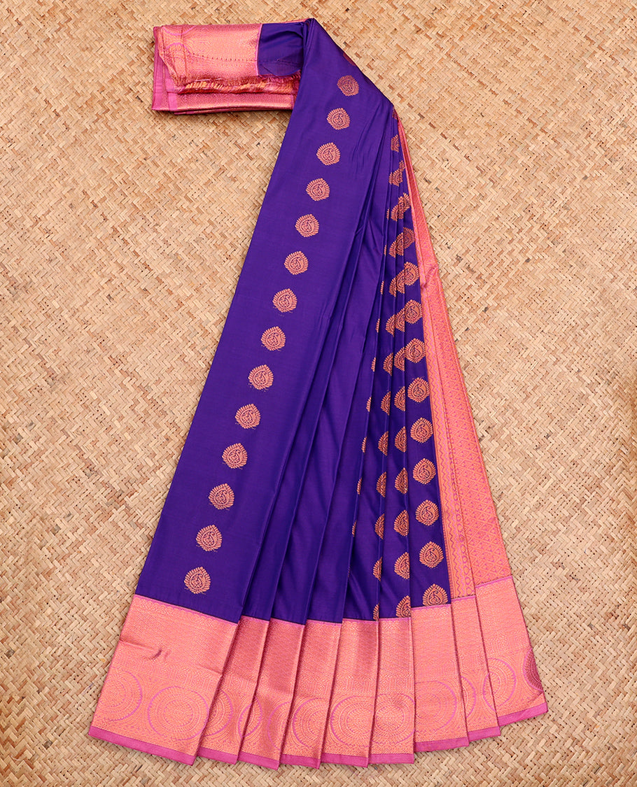 Violet Budget Silk Saree, Adorned with Zari Buttas All Over Its Body, Complemented by a Contrast Traditional Zari Border, Grand Jaal Pallu, and Paired with a Contrast Blouse
