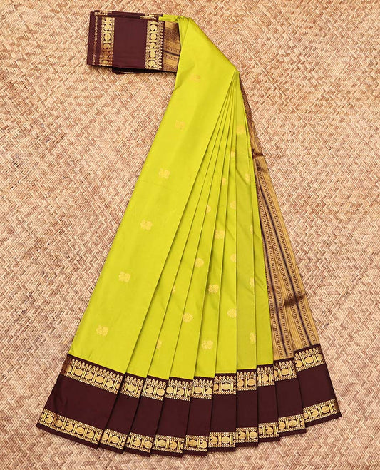 Parrot Green Budget Silk Saree, Sparsely Woven with Zari Buttas, Complemented by a Contrast Traditional Zari Rettai Pettu Border, Grand Pallu, and a Contrast Blouse