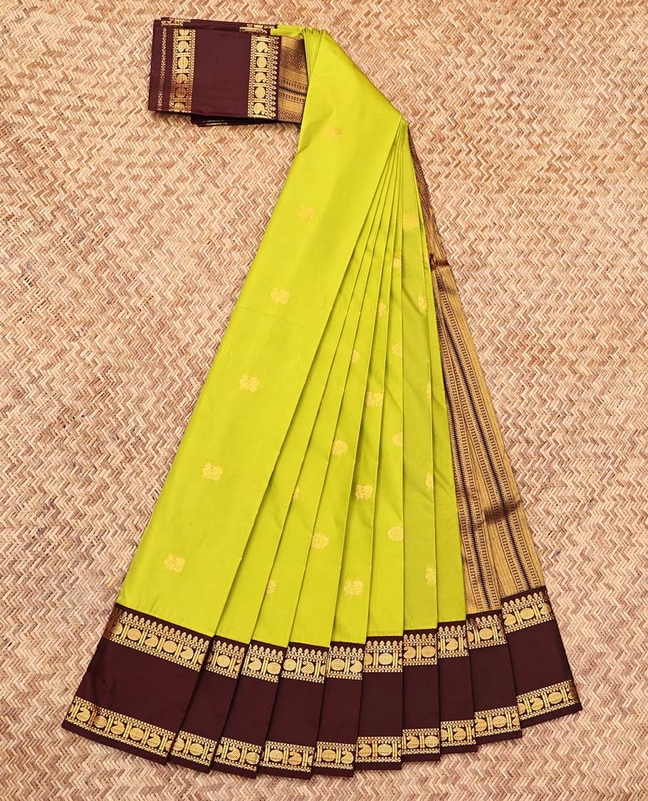 Parrot Green Budget Silk Saree, Sparsely Woven with Zari Buttas, Complemented by a Contrast Traditional Zari Rettai Pettu Border, Grand Pallu, and a Contrast Blouse