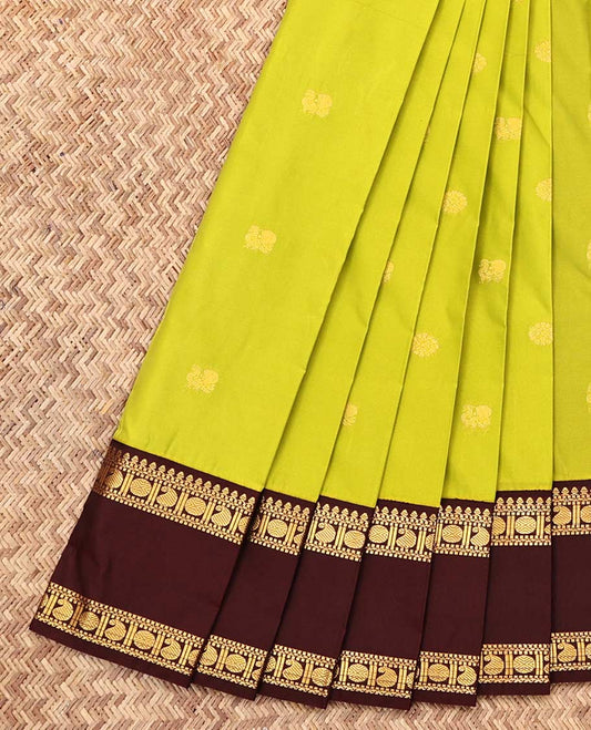 Parrot Green Budget Silk Saree, Sparsely Woven with Zari Buttas, Complemented by a Contrast Traditional Zari Rettai Pettu Border, Grand Pallu, and a Contrast Blouse