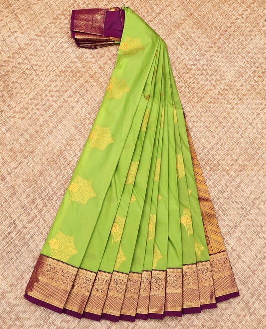 Green Budget Silk Saree, Gracefully Embellished with Zari Buttas, Contrast Traditional Zari Border, Grand Pallu, and a Contrast Blouse