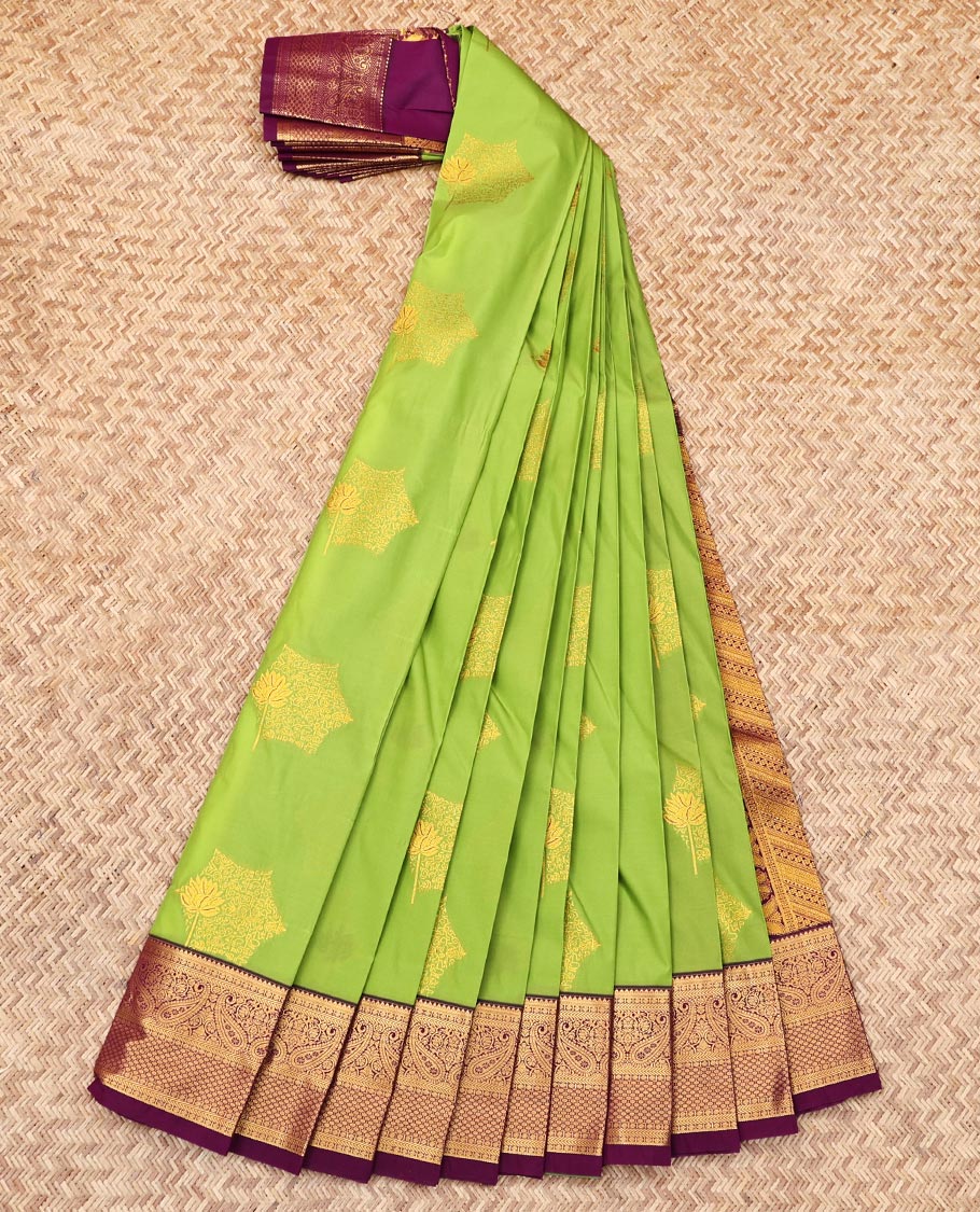 Green Budget Silk Saree, Gracefully Embellished with Zari Buttas, Contrast Traditional Zari Border, Grand Pallu, and a Contrast Blouse