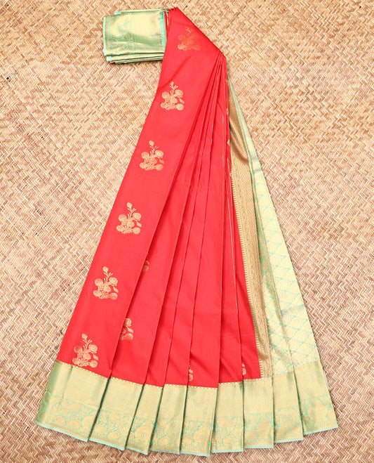 Red Budget Silk Saree, Highlighted by Zari Buttas and Stripes, Complemented by a Contrast Traditional Zari Border, Intricate Pallu, and a Contrast Blouse