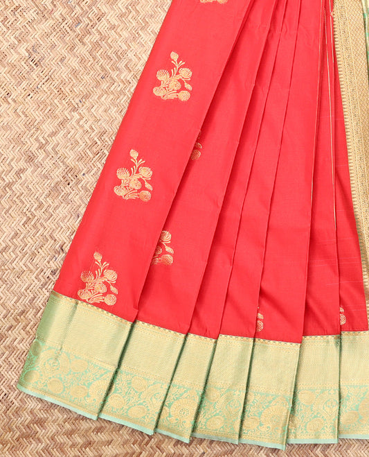 Red Budget Silk Saree, Highlighted by Zari Buttas and Stripes, Complemented by a Contrast Traditional Zari Border, Intricate Pallu, and a Contrast Blouse