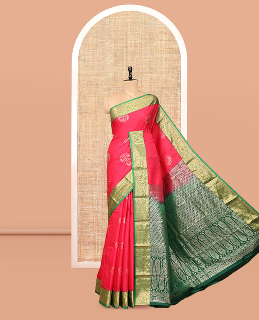 Red Budget Silk Saree, Adorned with Zari Buttas, Complemented by Contrast Traditional Zari Border, Grand Pallu, and Contrast Blouse
