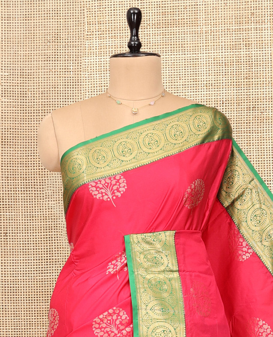 Red Budget Silk Saree, Adorned with Zari Buttas, Complemented by Contrast Traditional Zari Border, Grand Pallu, and Contrast Blouse