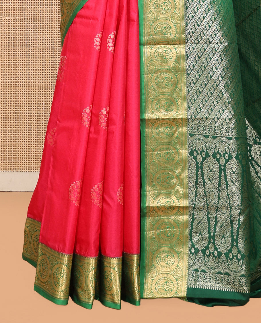 Red Budget Silk Saree, Adorned with Zari Buttas, Complemented by Contrast Traditional Zari Border, Grand Pallu, and Contrast Blouse