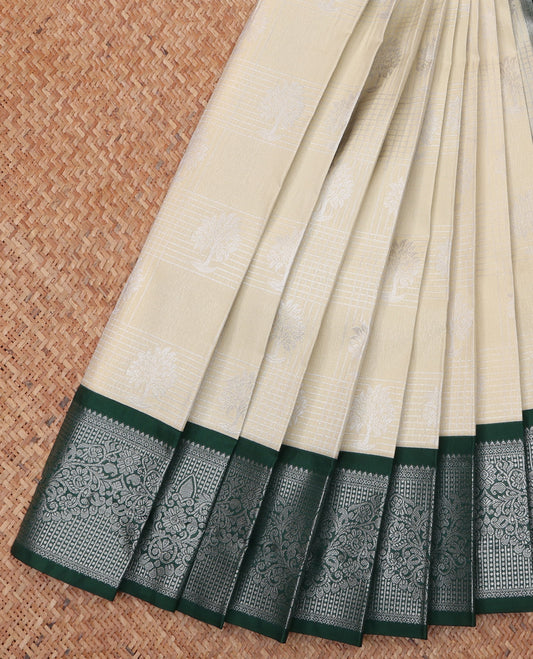 Off-White Budget Silk Saree, Subtly Sparkled With Zari Butta Enclosed Checks On Its Body, Complemented by Contrast Traditional Zari Designs Woven Border Grand Pallu and Paired with a Contrast Blouse