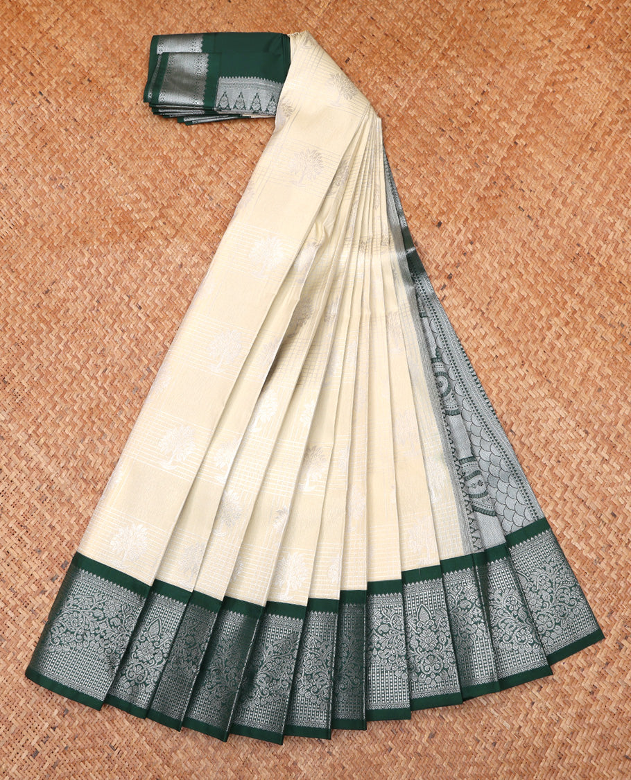 Off-White Budget Silk Saree, Subtly Sparkled With Zari Butta Enclosed Checks On Its Body, Complemented by Contrast Traditional Zari Designs Woven Border Grand Pallu and Paired with a Contrast Blouse