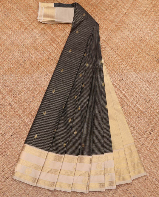 Brown Budget Silk Saree, Richly Decked Up with Zari Buttas and Checks On Its Body, Complemented by Contrast Traditional Zari Designs Woven Border, Gleaming Zari Pallu and Paired with a Contrast Blouse