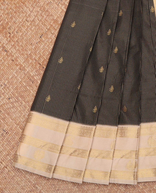 Brown Budget Silk Saree, Richly Decked Up with Zari Buttas and Checks On Its Body, Complemented by Contrast Traditional Zari Designs Woven Border, Gleaming Zari Pallu and Paired with a Contrast Blouse