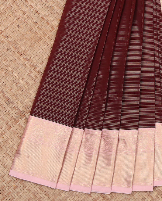 Brown Budget Silk Saree, Dazzled with Zari Stripes on Its Body, Complemented by a Contrast Traditional Zari Design Woven Border, Gleaming Pallu of Jaal Design, and Paired with a Contrast Blouse