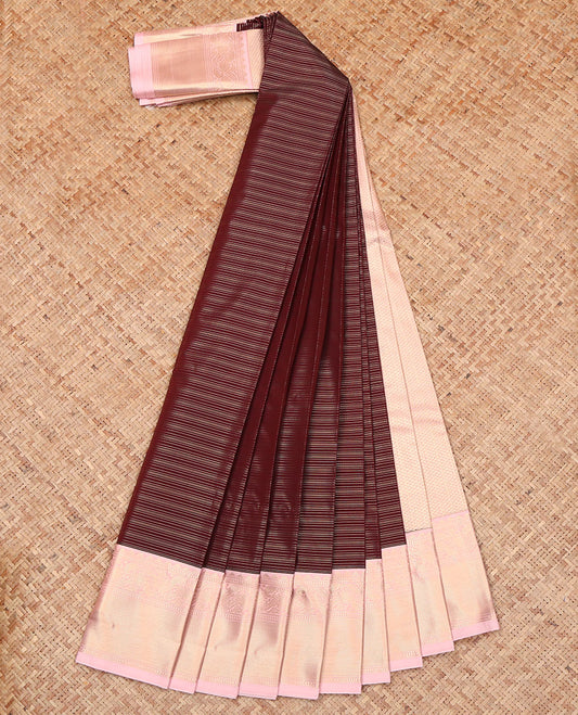 Brown Budget Silk Saree, Dazzled with Zari Stripes on Its Body, Complemented by a Contrast Traditional Zari Design Woven Border, Gleaming Pallu of Jaal Design, and Paired with a Contrast Blouse