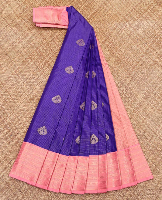 Violet Budget Silk Saree, Woven with Zari Buttas and Stripes on Its Body, Complemented by a Contrast Traditional Zari Design Border, Jaal Pallu, and Paired with a Contrast Blouse