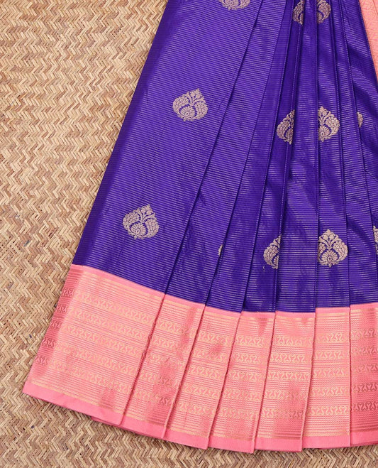 Violet Budget Silk Saree, Woven with Zari Buttas and Stripes on Its Body, Complemented by a Contrast Traditional Zari Design Border, Jaal Pallu, and Paired with a Contrast Blouse